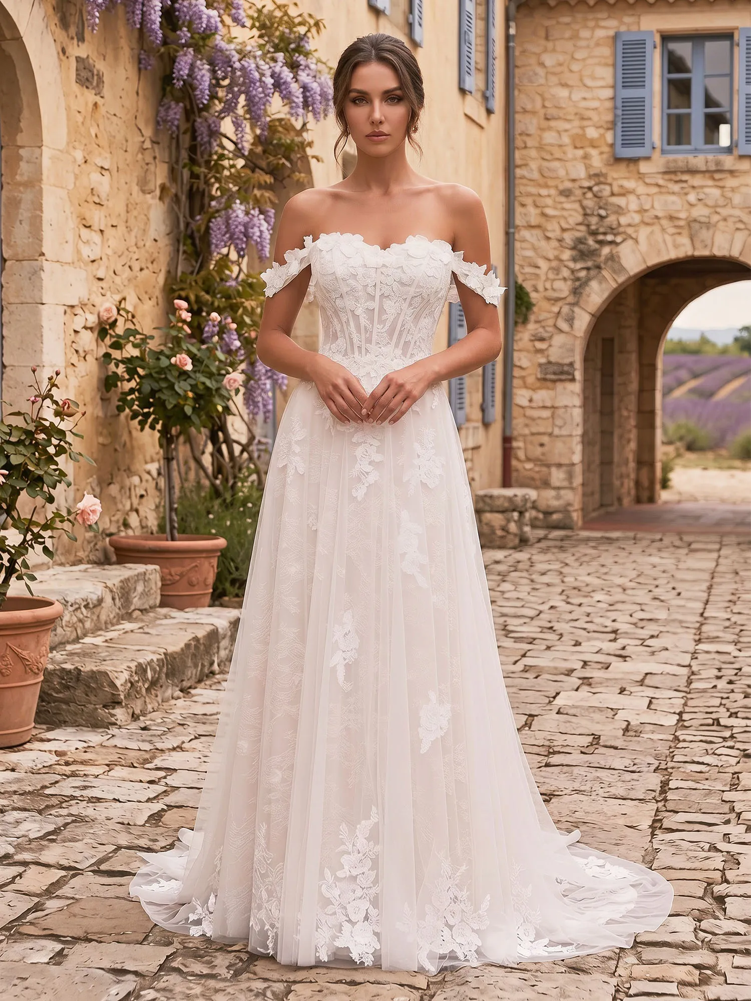 Off-the-Shoulder Lace Corset A-Line Wedding Dress