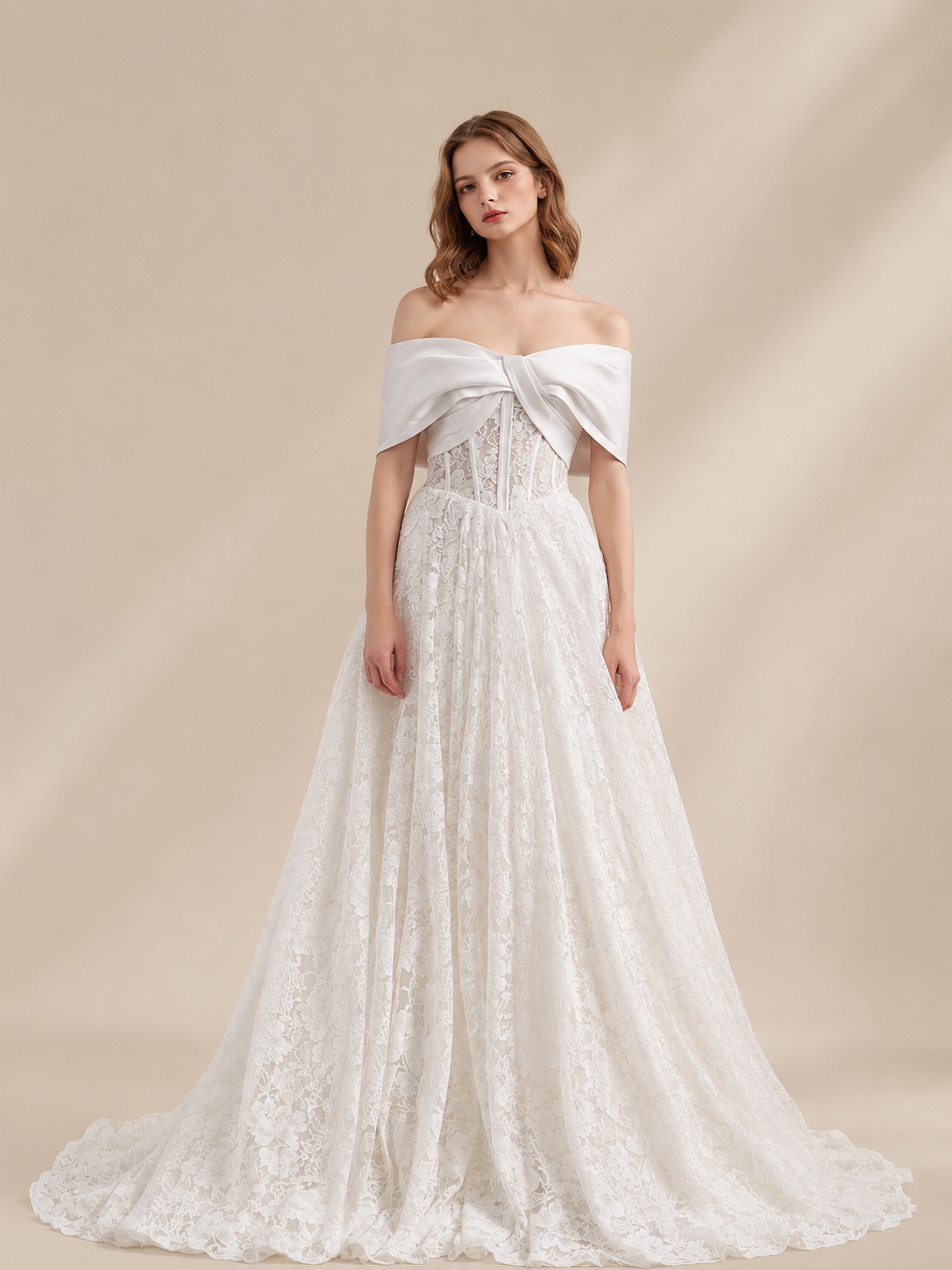 White Off-the-Shoulder Lace Corset A-Line Maxi Wedding Dress 