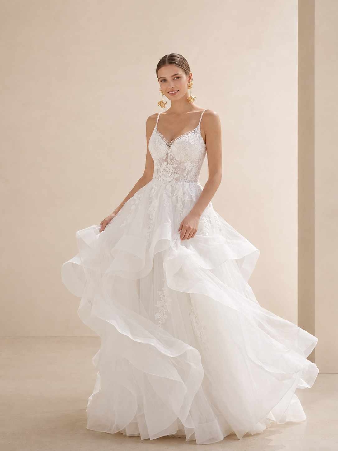 White Spaghetti Straps Sweetheart Tiered Tulle A-Line Wedding Dress 