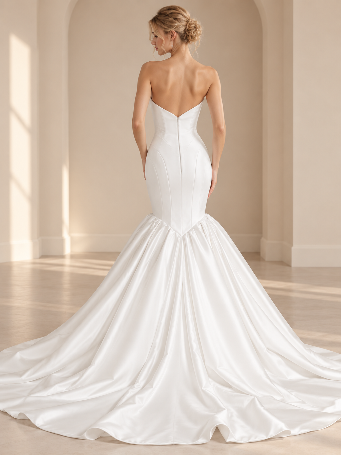 Ivory Sculpted Satin Strapless Sweetheart Mermaid Wedding Dress 