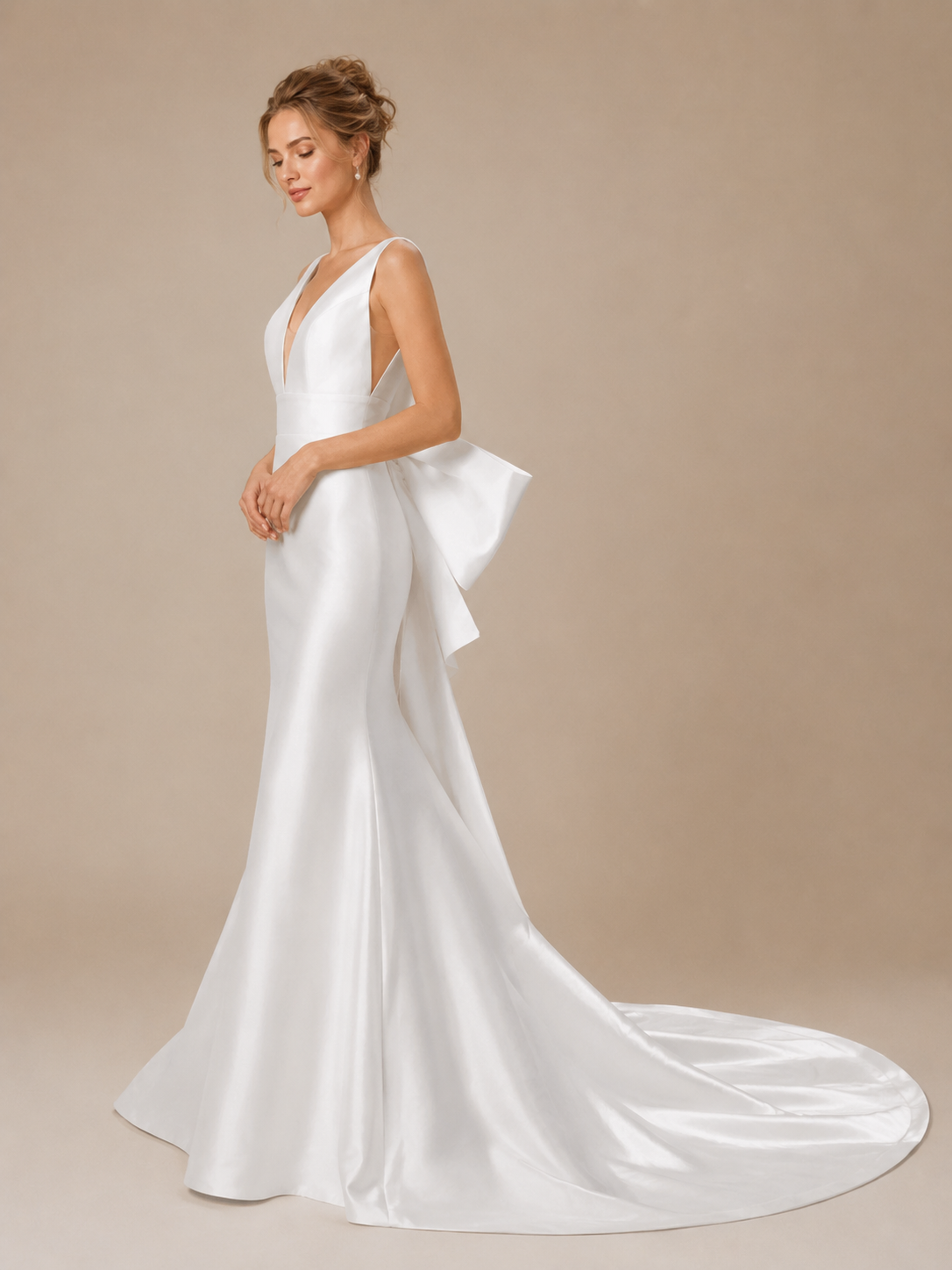 White Plunging V-Neck Satin Sleeveless Mermaid Wedding Dress 