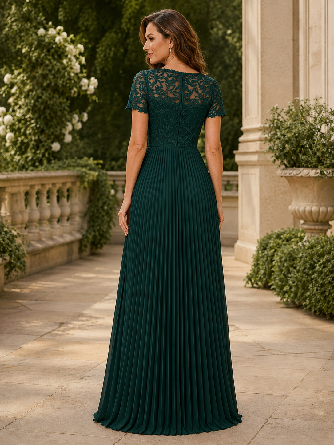 Emerald Lace Pleated Short-Sleeve Maxi Mother of the Bride Dresses