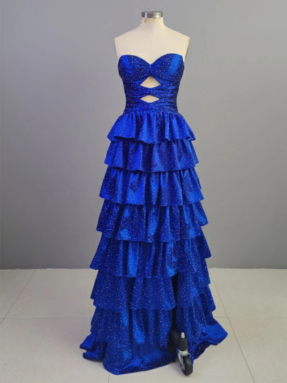 Sparkly Royal Blue Sweetheart A-Line Long Prom Dress with Keyhole