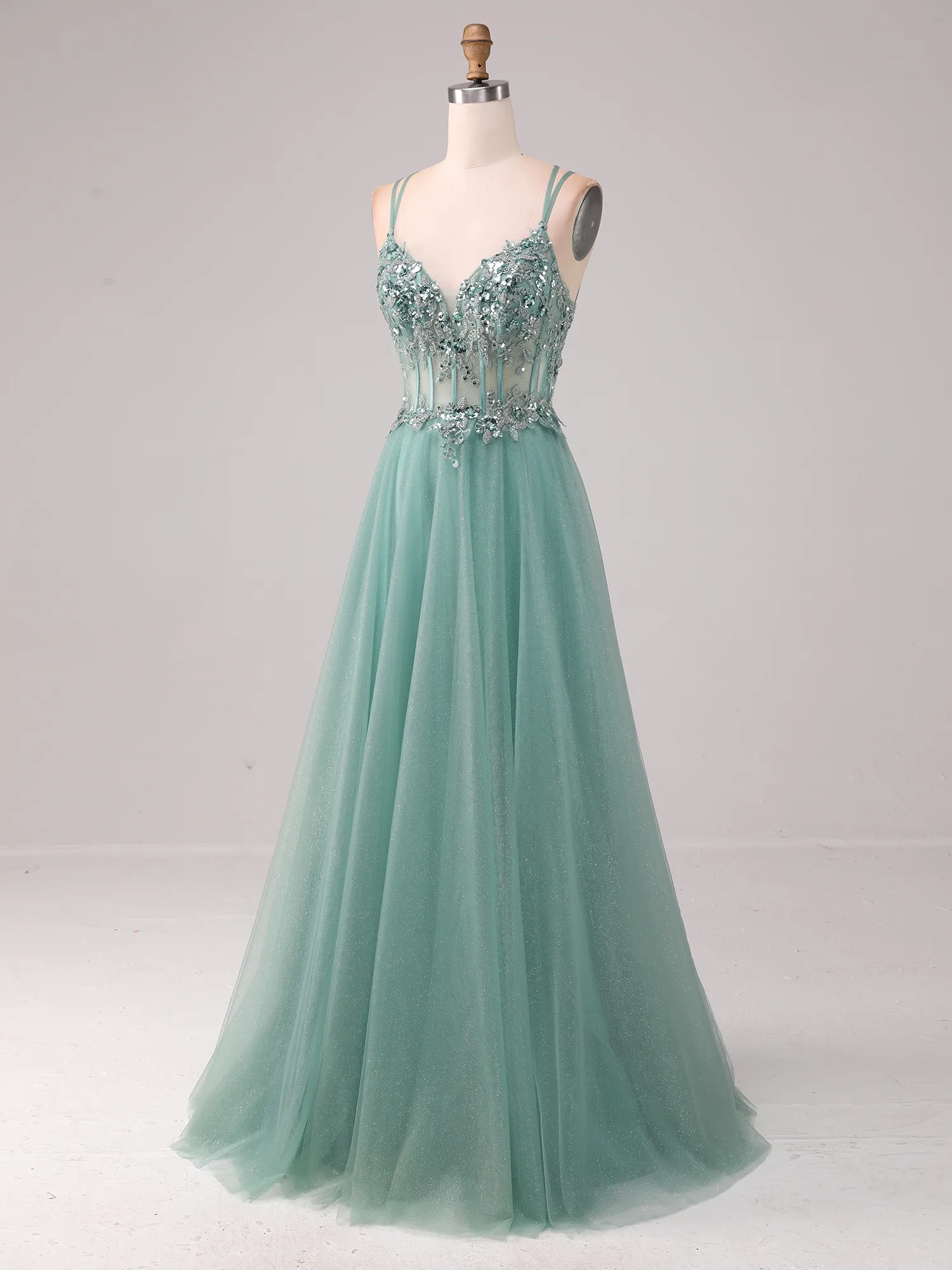 Dusty Sage Green Sequin Lace Corset Glitter Tulle A-Line Prom Dress with Crisscross Back