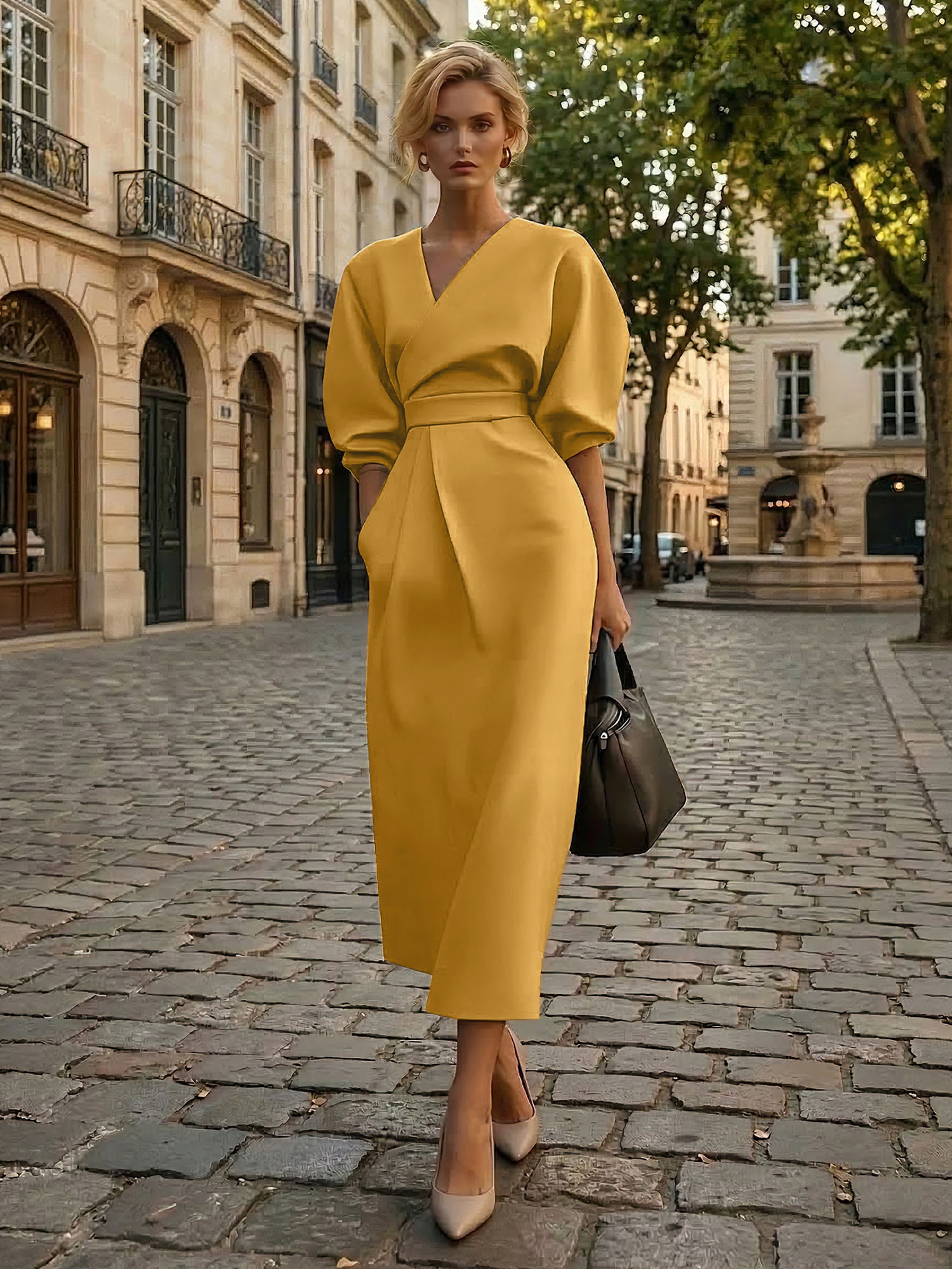 Sophisticated Camel V-Neck Balloon Sleeve Midi Dress Evening Gown