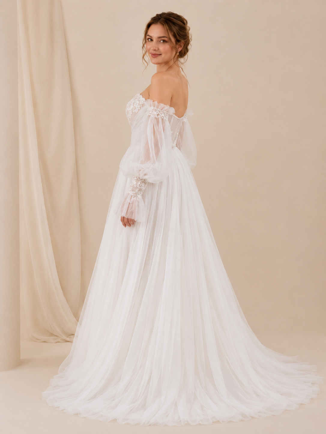 White Off-the-Shoulder Draped Tulle Sweetheart A-Line Wedding Dress 