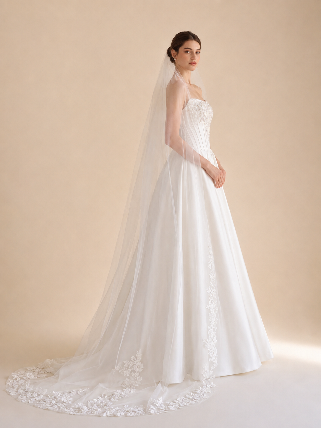 White Strapless Beaded Corset Satin A-Line Wedding Dress 