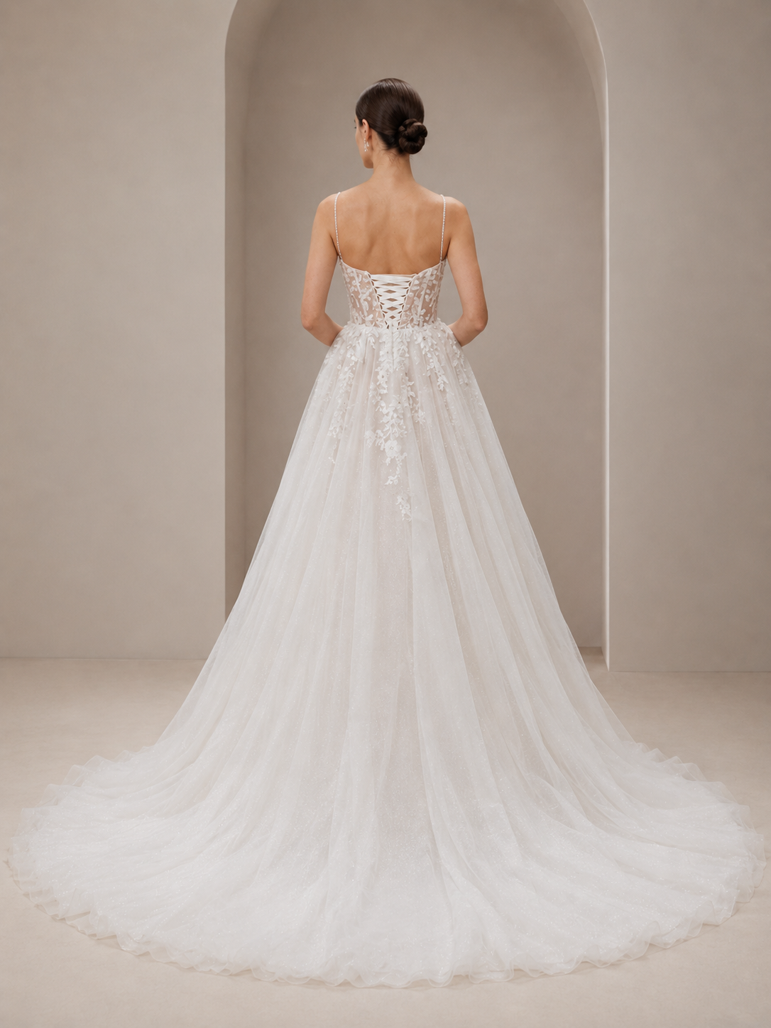 White Corset-Bodice Glitter Tulle High Slit A-Line Wedding Dress 