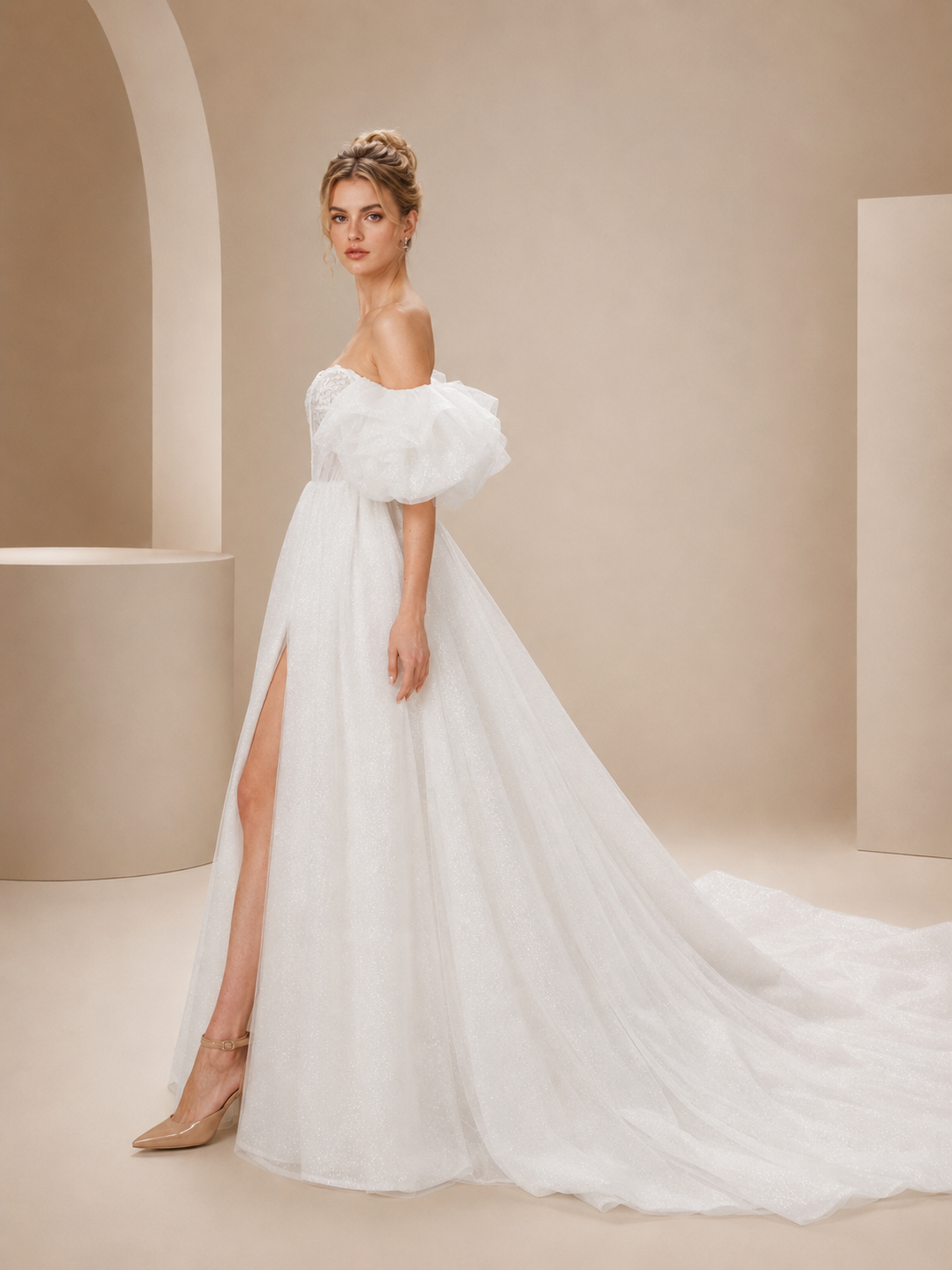 White Off-the-Shoulder Glitter High Slit A-Line Maxi Wedding Dress 