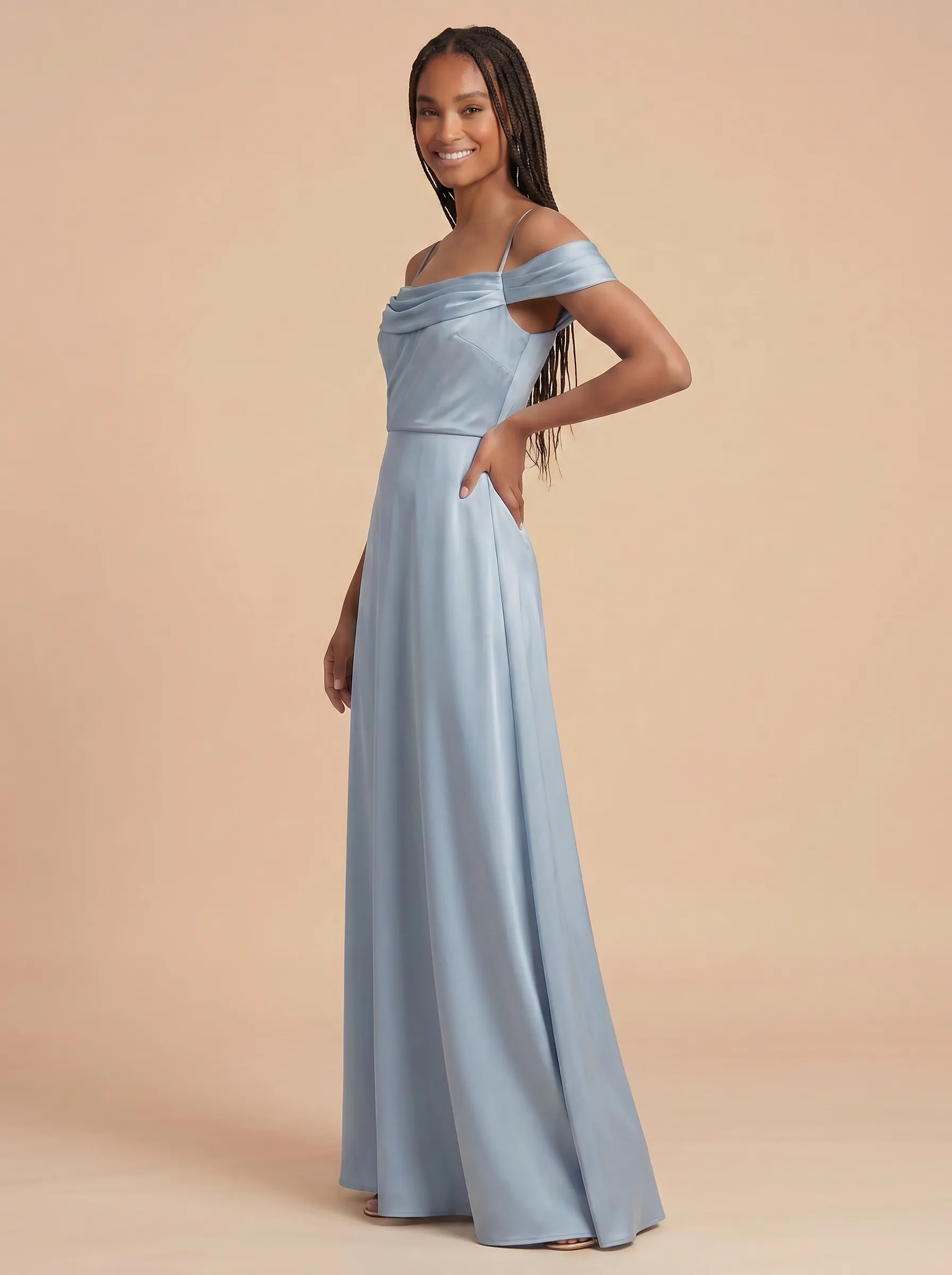 Dusty Blue Off-the-Shoulder Draped Satin A-Line Bridesmaid Dress