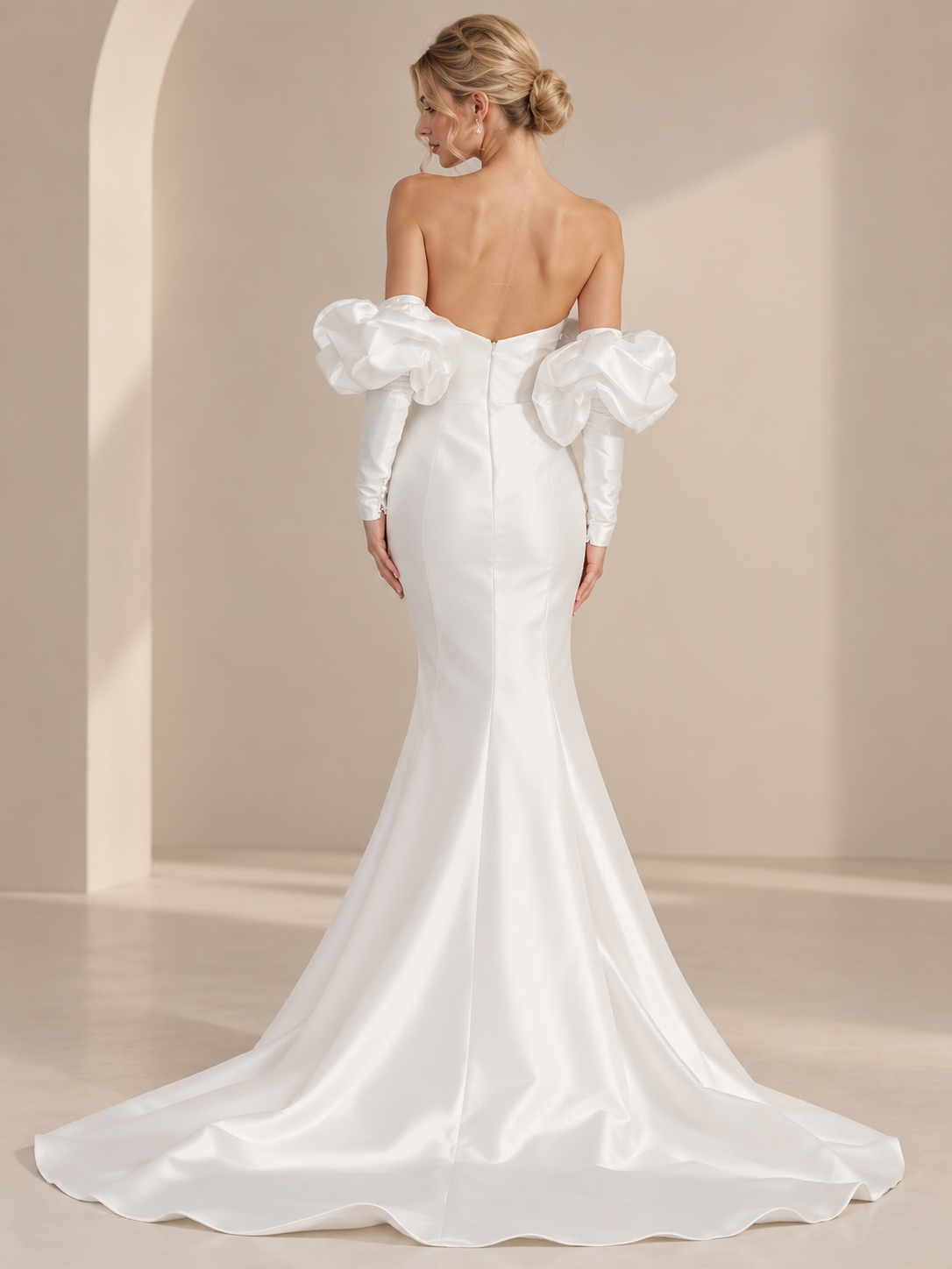 Luminous Off-The-Shoulder Puff Sleeve Satin Sweetheart Mermaid Wedding Dress 
