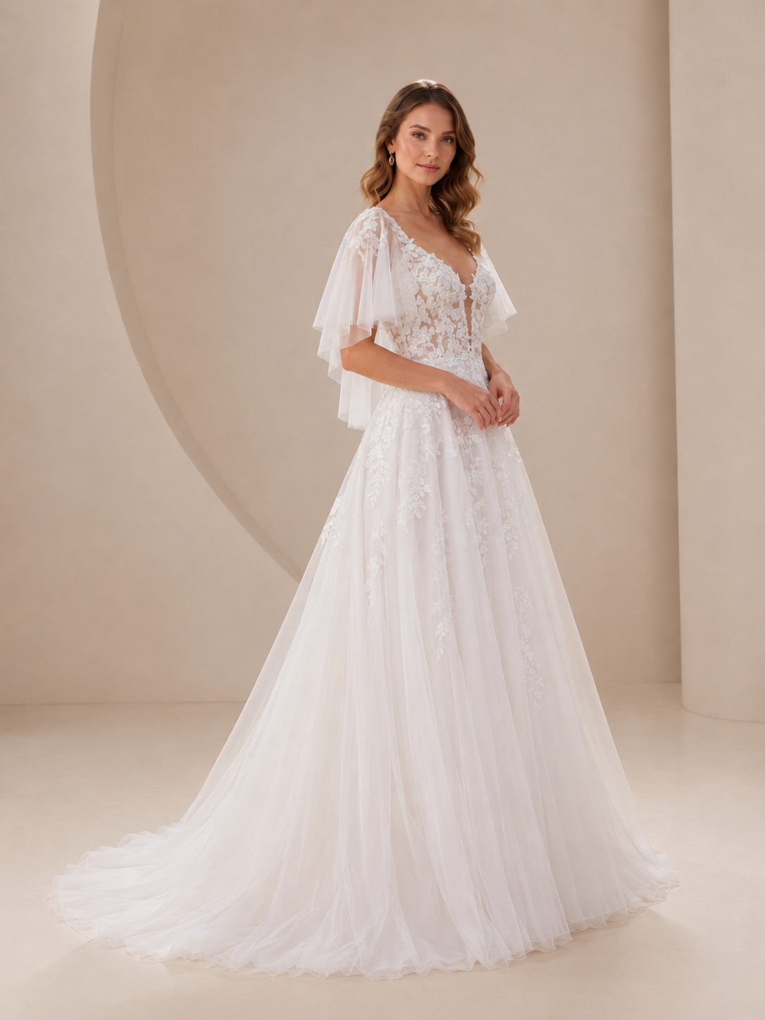 White Plunging V-Neck Flowing Cape-Sleeve A-Line Wedding Dress 