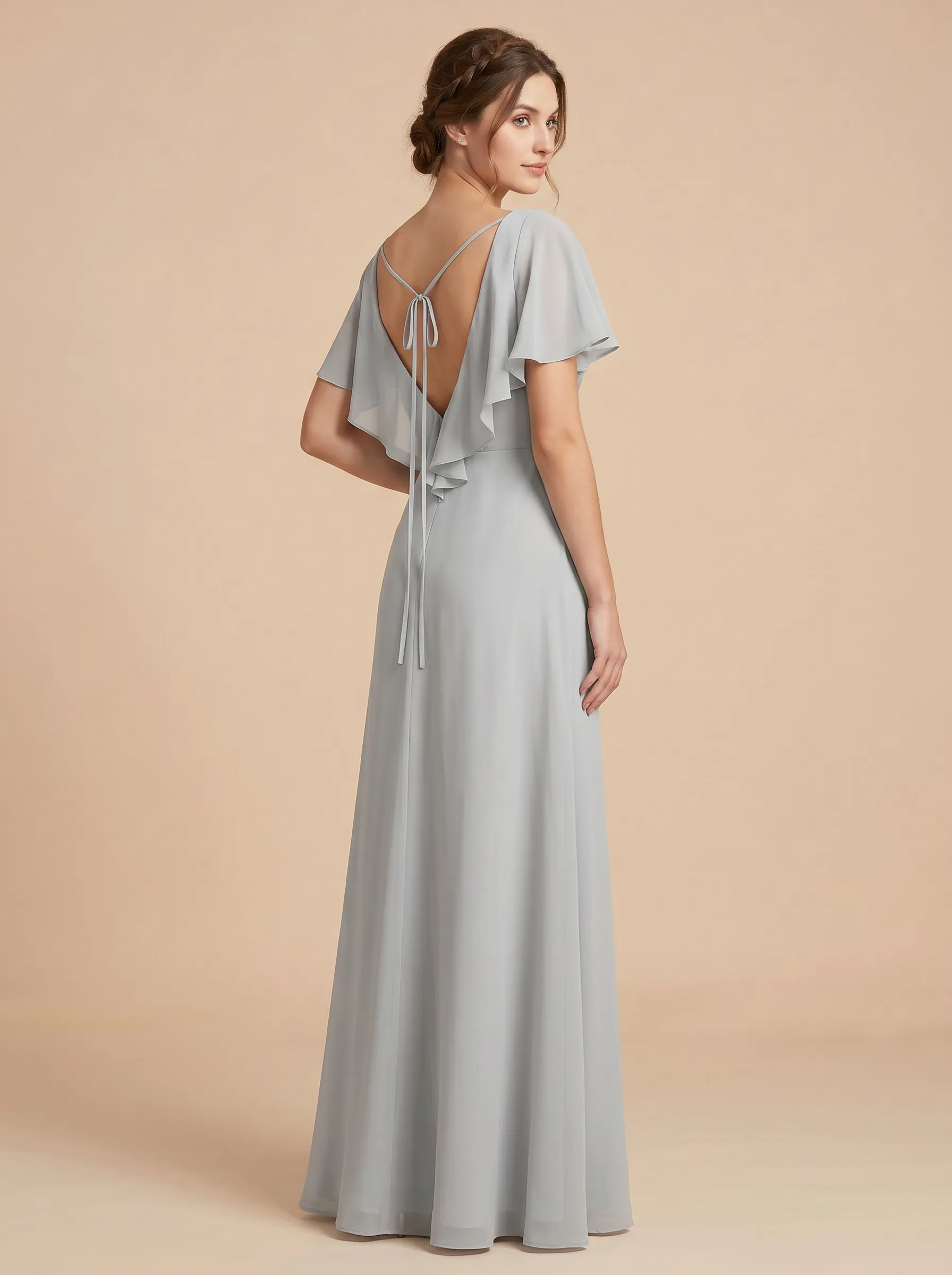 Dusty Blue V-Neck Flutter Sleeve Chiffon Bridesmaid Dress with Slit & Tie-Back