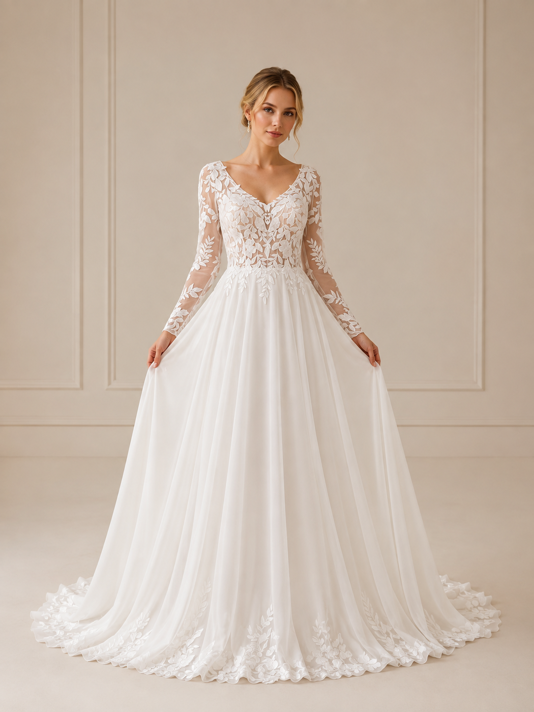 White V-Neck Long-Sleeve Lace Applique A-Line Wedding Dress 