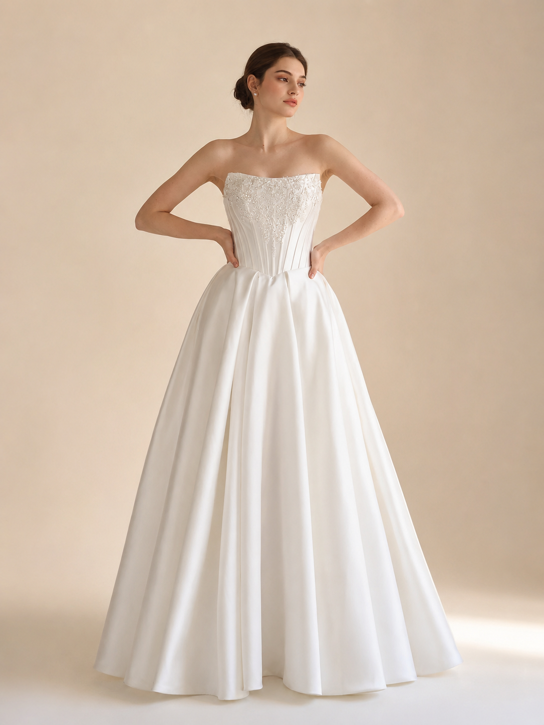 White Strapless Beaded Corset Satin A-Line Wedding Dress 