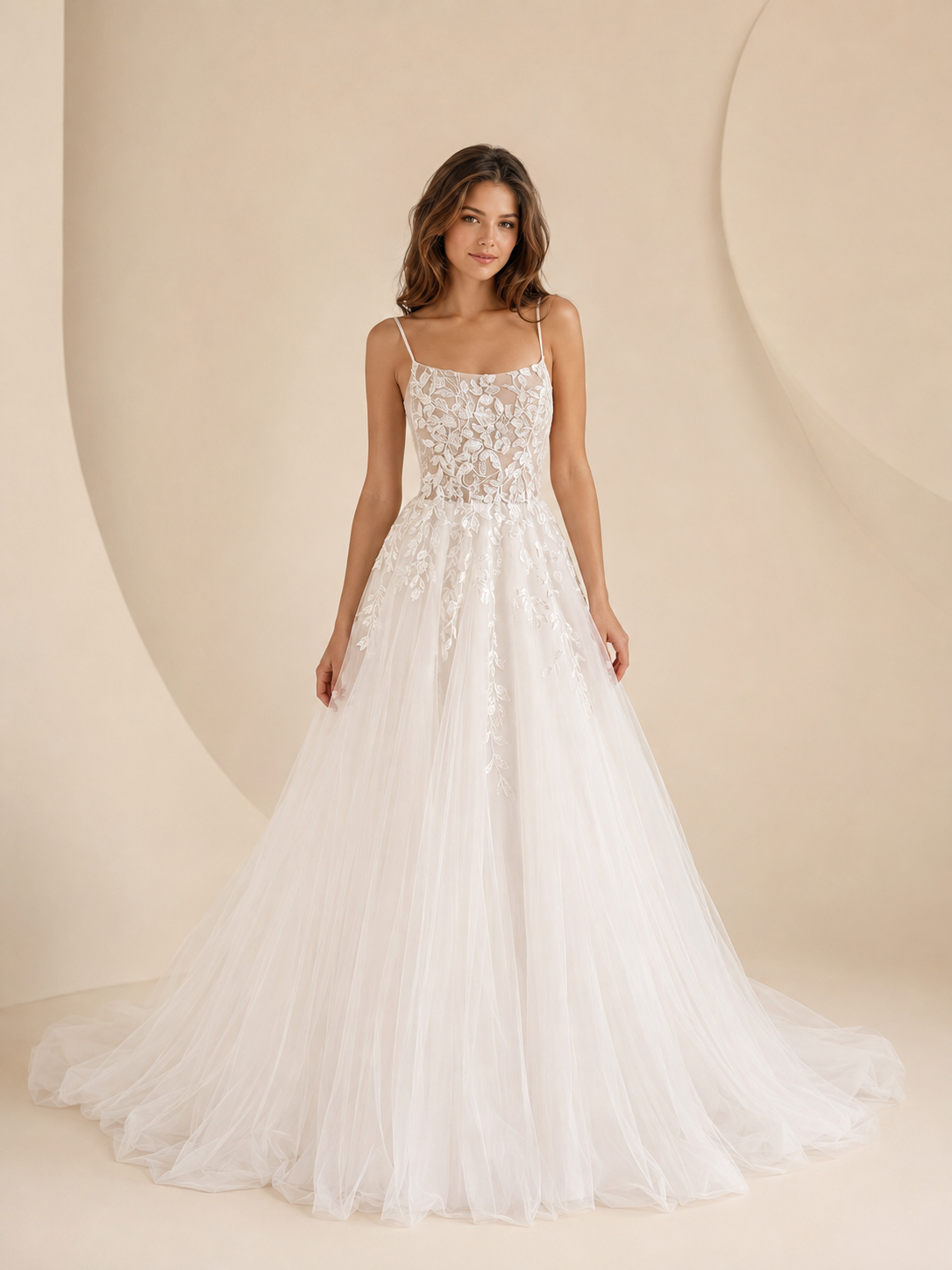 White Spaghetti Strap Lace Appliqué A-Line Wedding Dress 