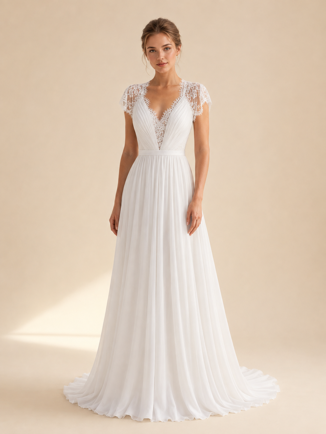 White V-Neck Cap-Sleeve Lace-Accented Chiffon Wedding Dress 