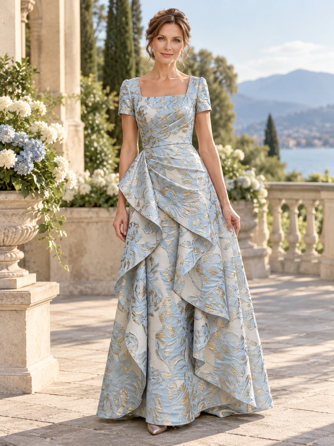Luminous Sky Blue Brocade Square Neck A-Line Mother of the Bride & Groom Dresses 