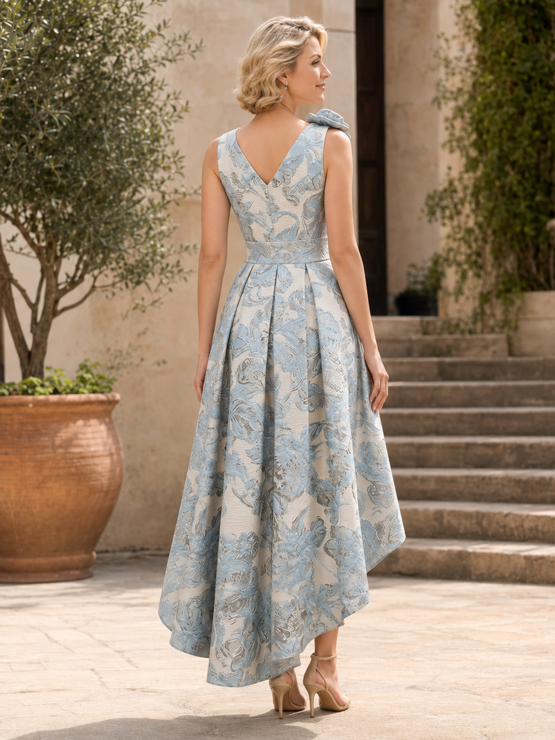 Light Blue Floral Jacquard High-Low V-Neck A-Line Midi Mother of the Bride & Groom Dresses