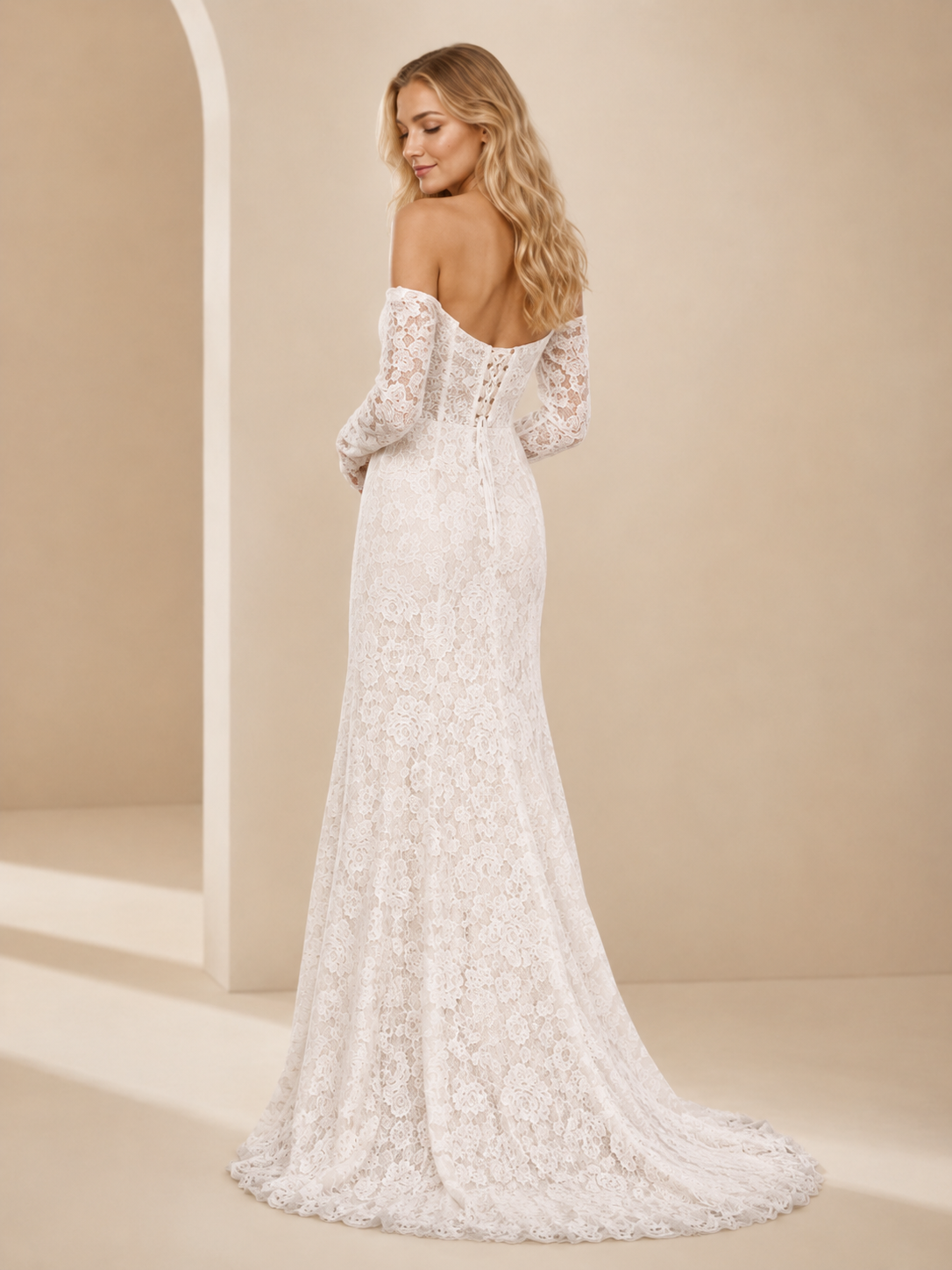 White Off-the-Shoulder Sweetheart Allover Lace A-Line Wedding Dress 