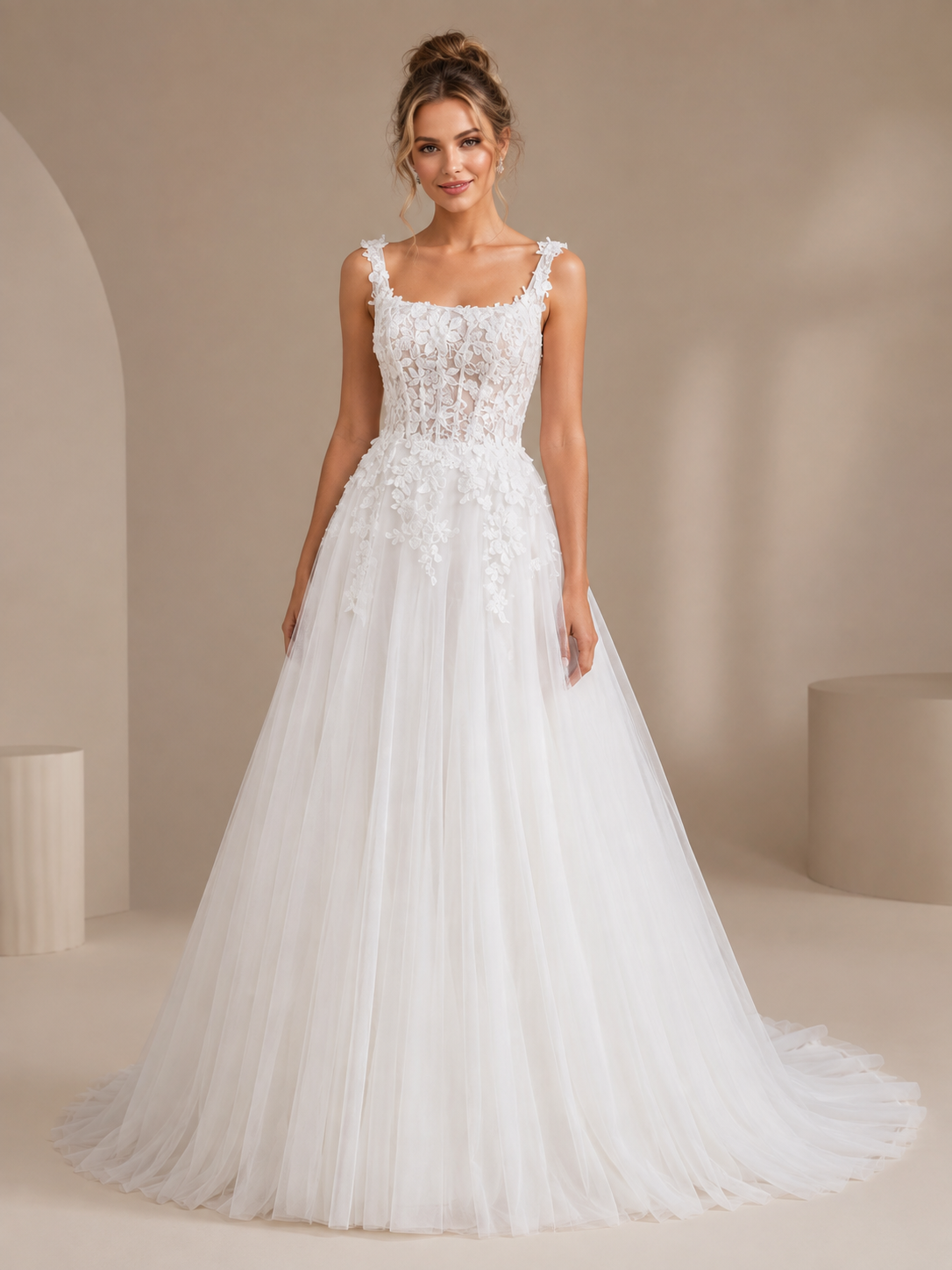 White Square-Neck Lace Applique A-Line Wedding Dress 