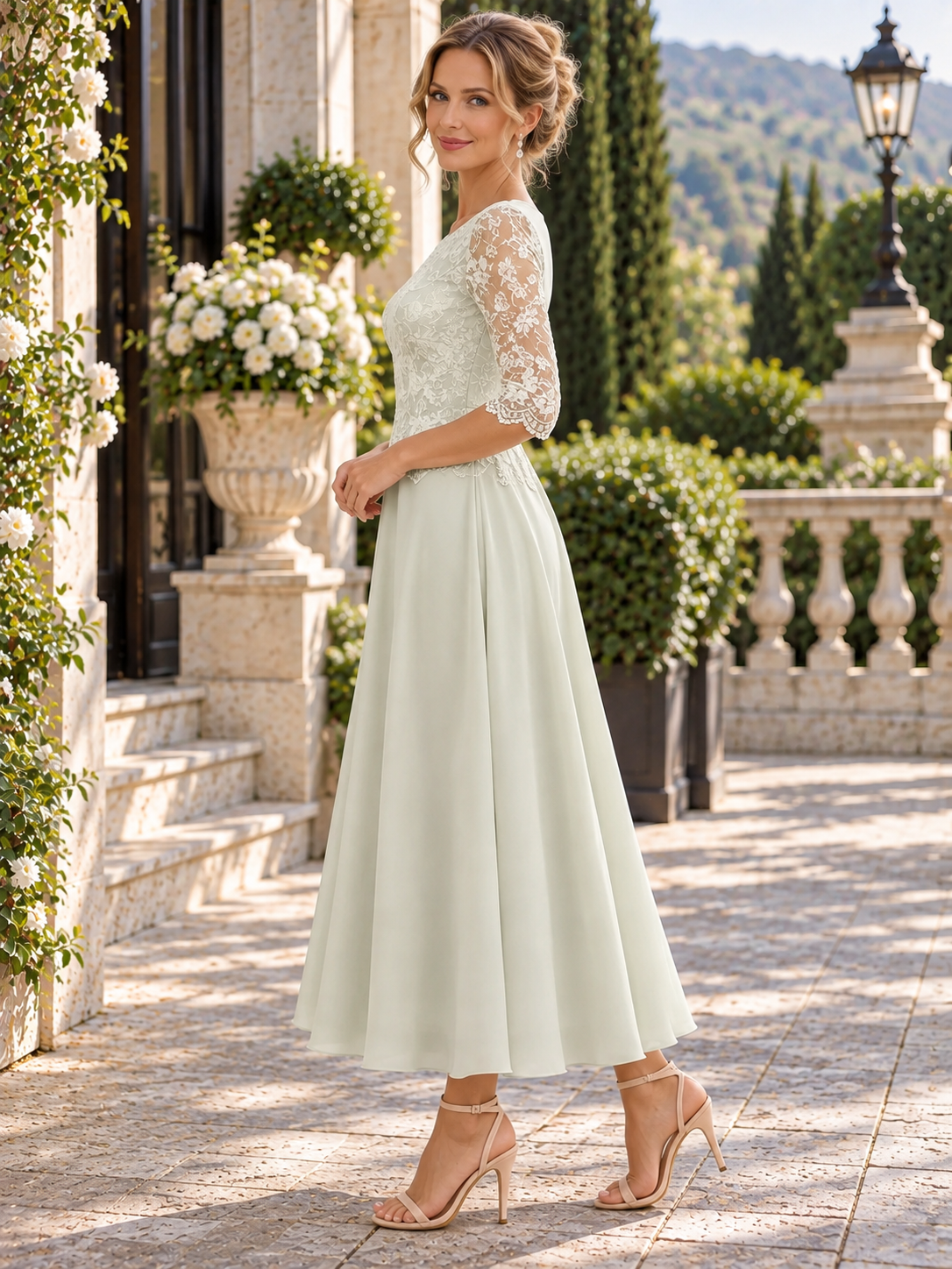 Sage Green Round Neck Lace 3/4 Sleeve A-Line Midi Mother of the Bride & Groom Dresses 
