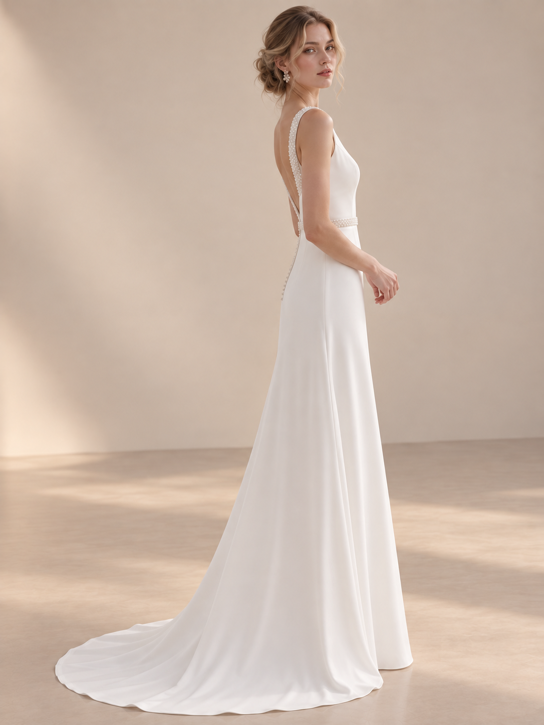 Luminous Ivory Beaded-Trim Sleeveless A-Line Wedding Dress 