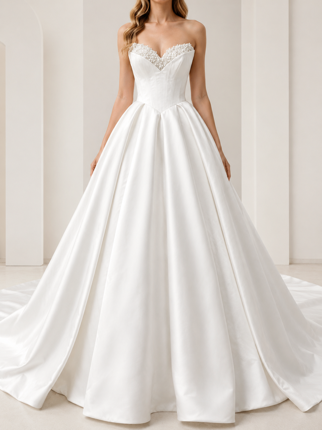 White Beaded Strapless Sweetheart Satin A-Line Wedding Dress with Chapel Train 