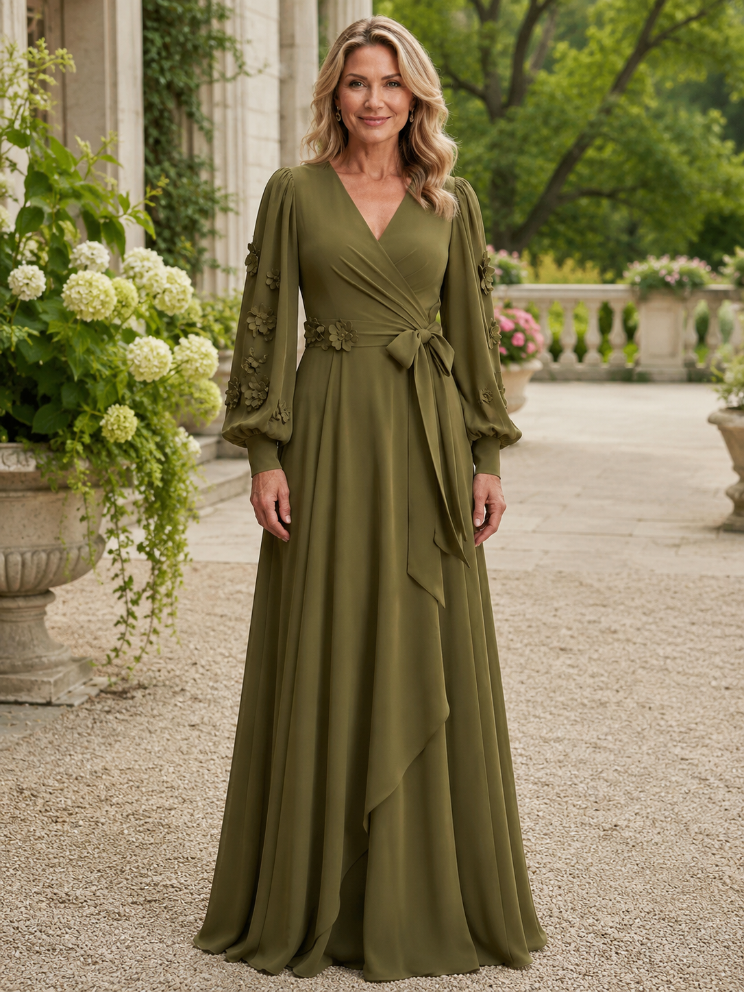 Olive Green V-Neck Long Sleeve 3D Floral A-Line Maxi Mother of the Bride & Groom Dresses 