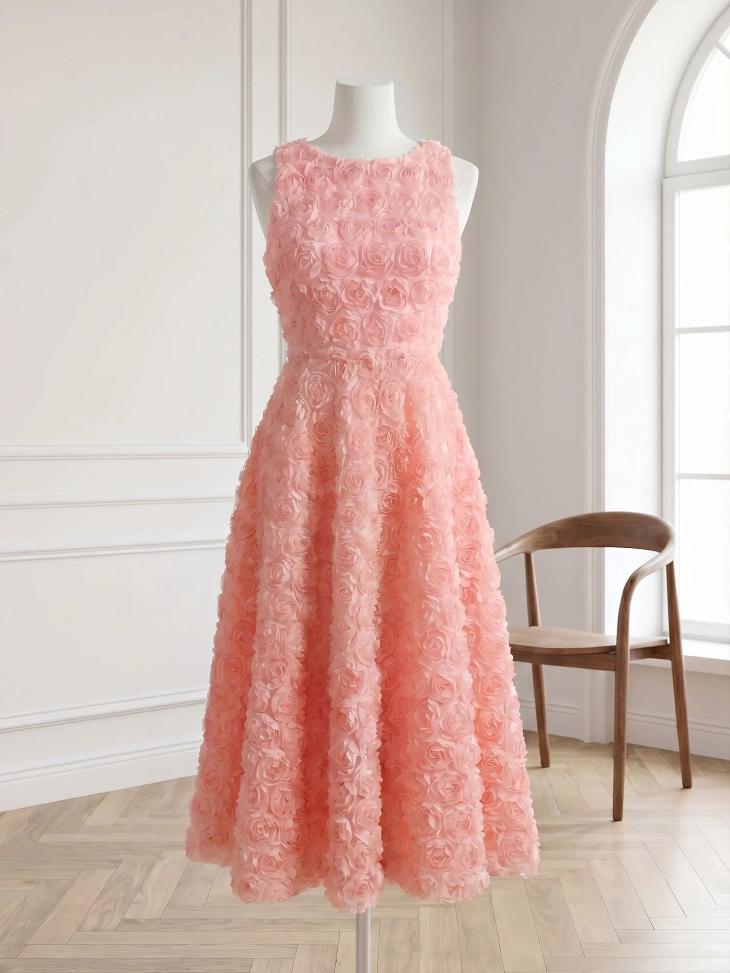 Sleeveless 3D Rose Midi Evening Dress with Satin Bow Sash