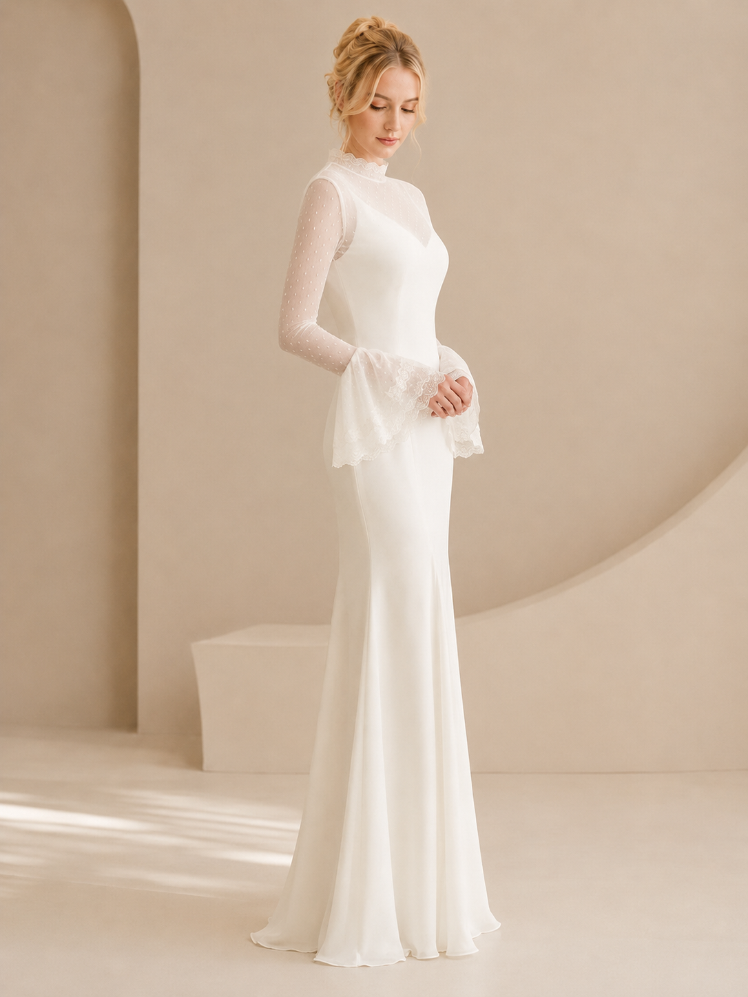 White High-Neck Swiss Dot Long-Sleeve Mermaid Wedding Dress 