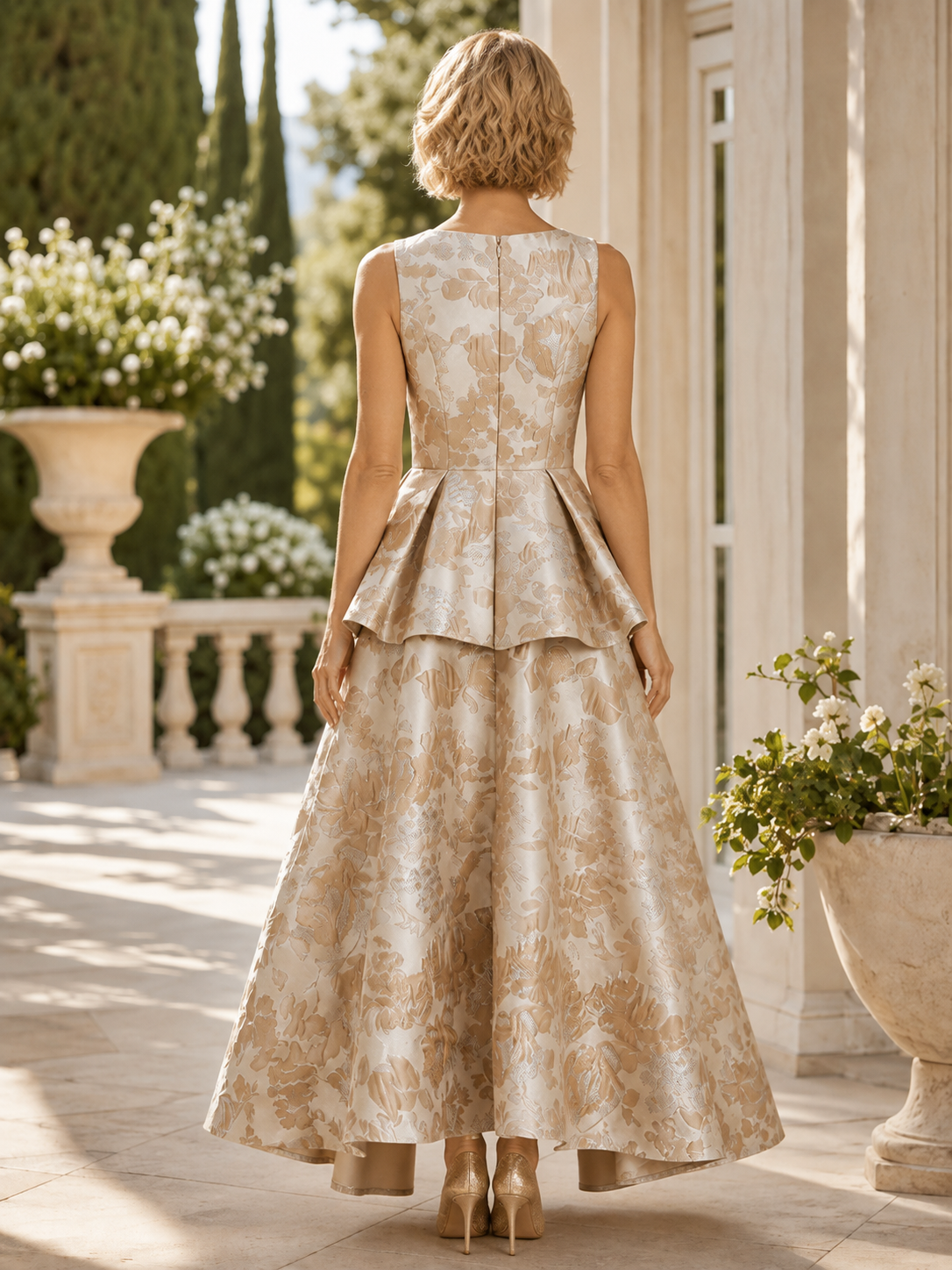 Champagne Floral Jacquard High-Low Peplum A-Line Maxi Mother of the Bride & Groom Dresses 