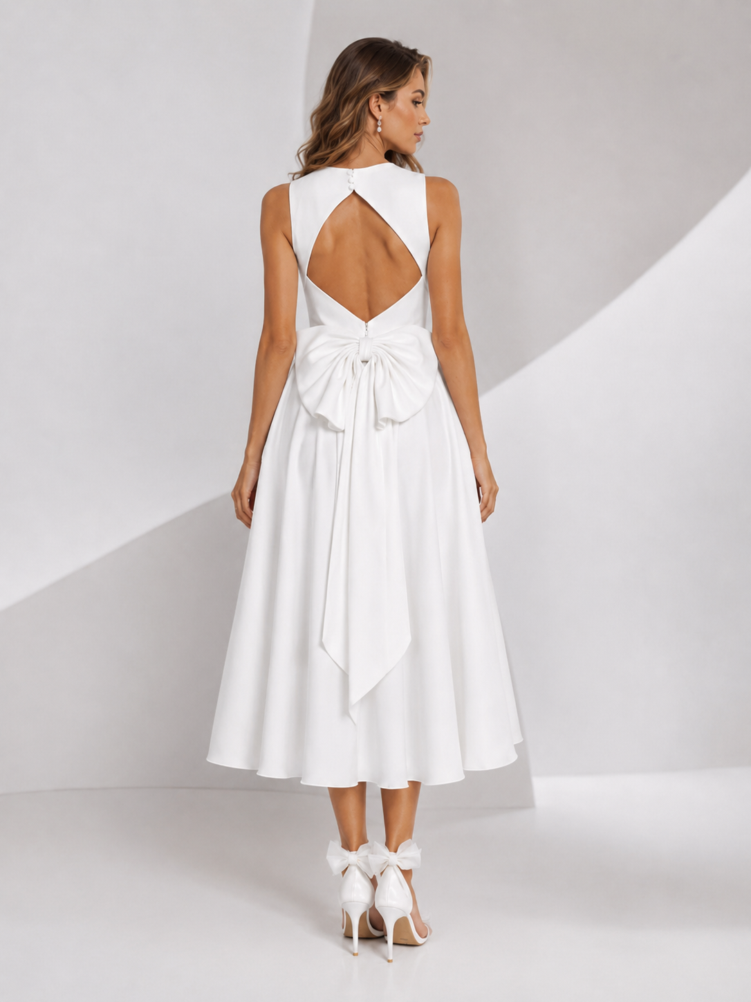 White A-Line with Pockets Crepe Back Satin Midi Wedding Dress