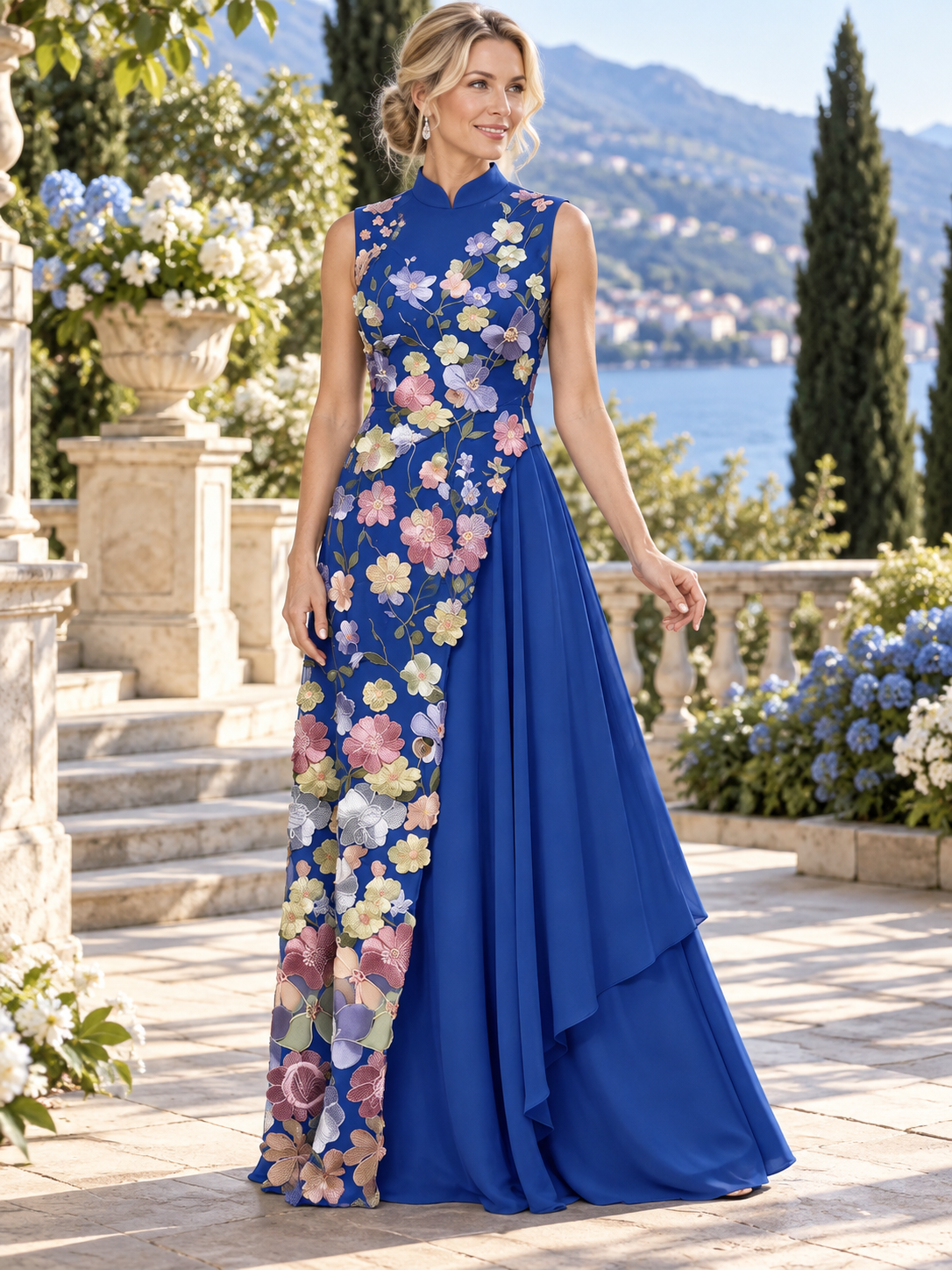 Royal Blue High-Neck Floral Embroidered Asymmetrical A-Line Maxi Mother of the Bride & Groom Dresses 