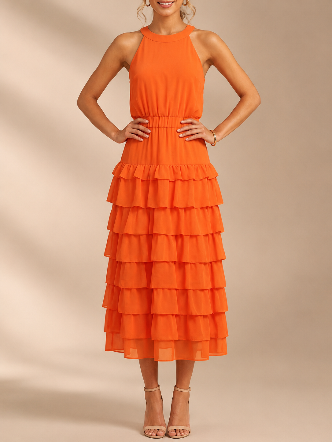 Vibrant Orange Sleeveless Tangerine Halter Neck Tiered Midi Evening Gown Dress 