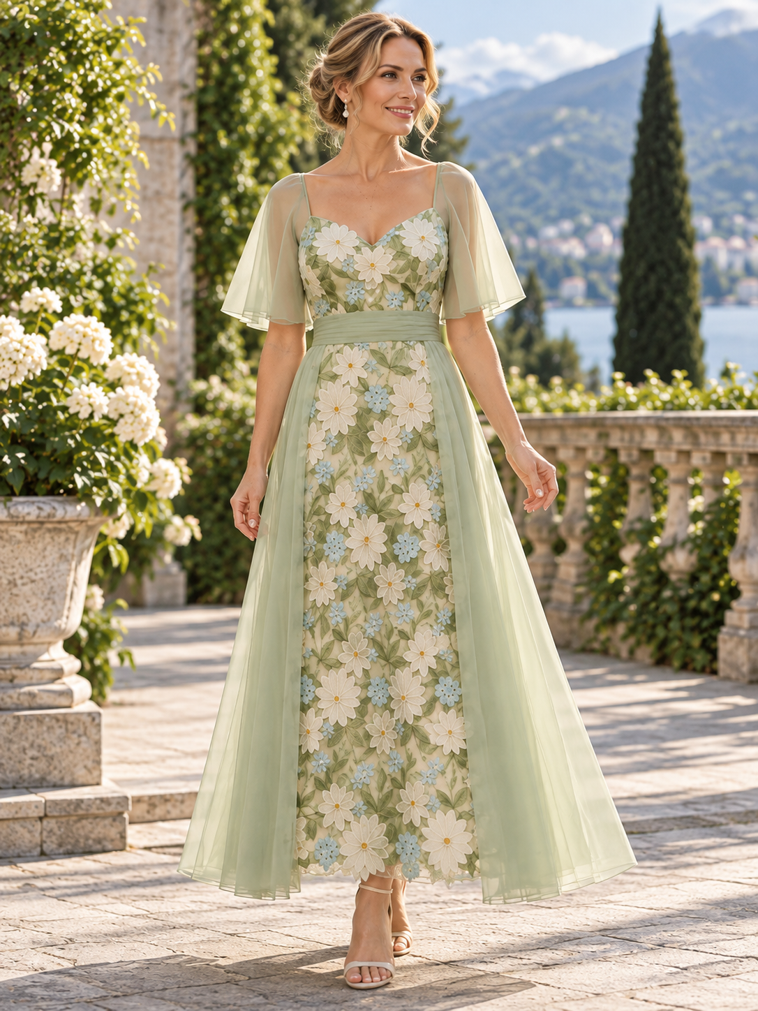 Sophisticated Sage Green Floral Embroidered Sweetheart Tulle Maxi Mother of the Bride & Groom Dresses 