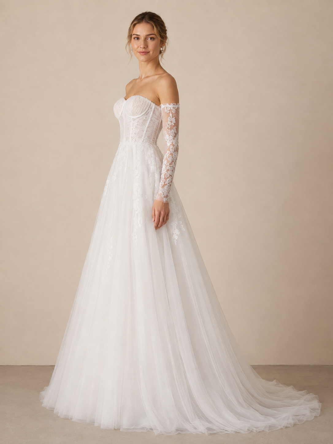 White Strapless Sweetheart Corset Lace Appliqué A-Line Wedding Dress 