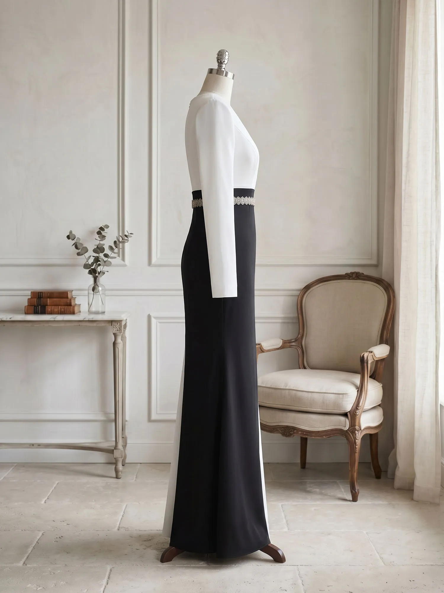 Two-Tone Long Sleeve Mermaid Evening Gown with Beaded Waistband