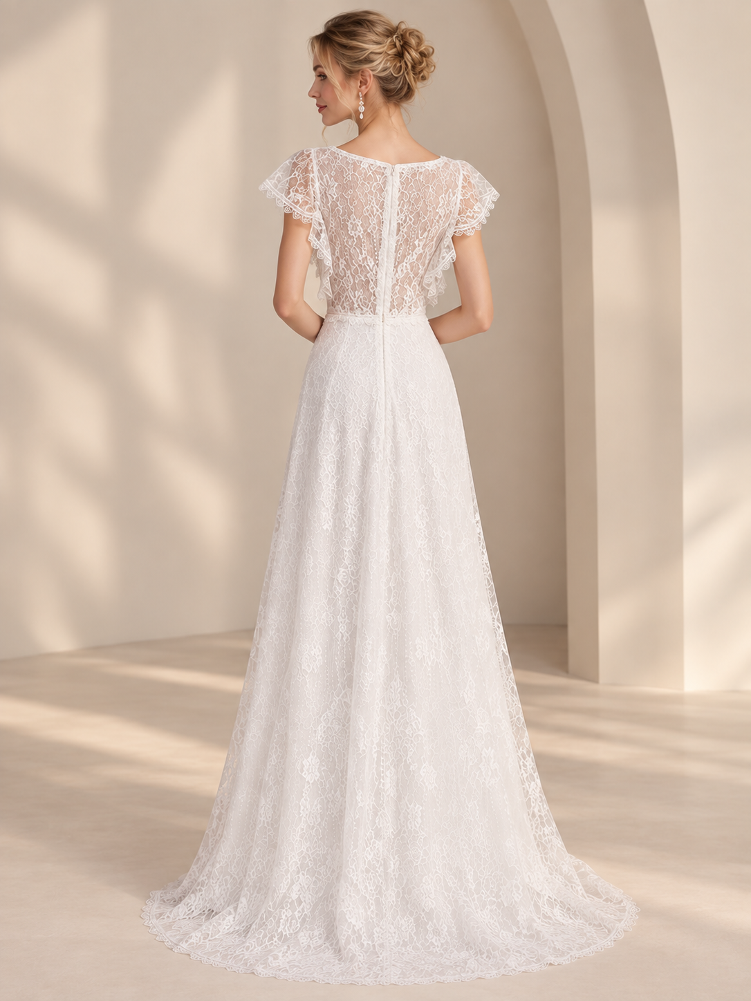 White Floral Appliqué Lace Flutter-Sleeve V-Neck A-Line Wedding Dress 