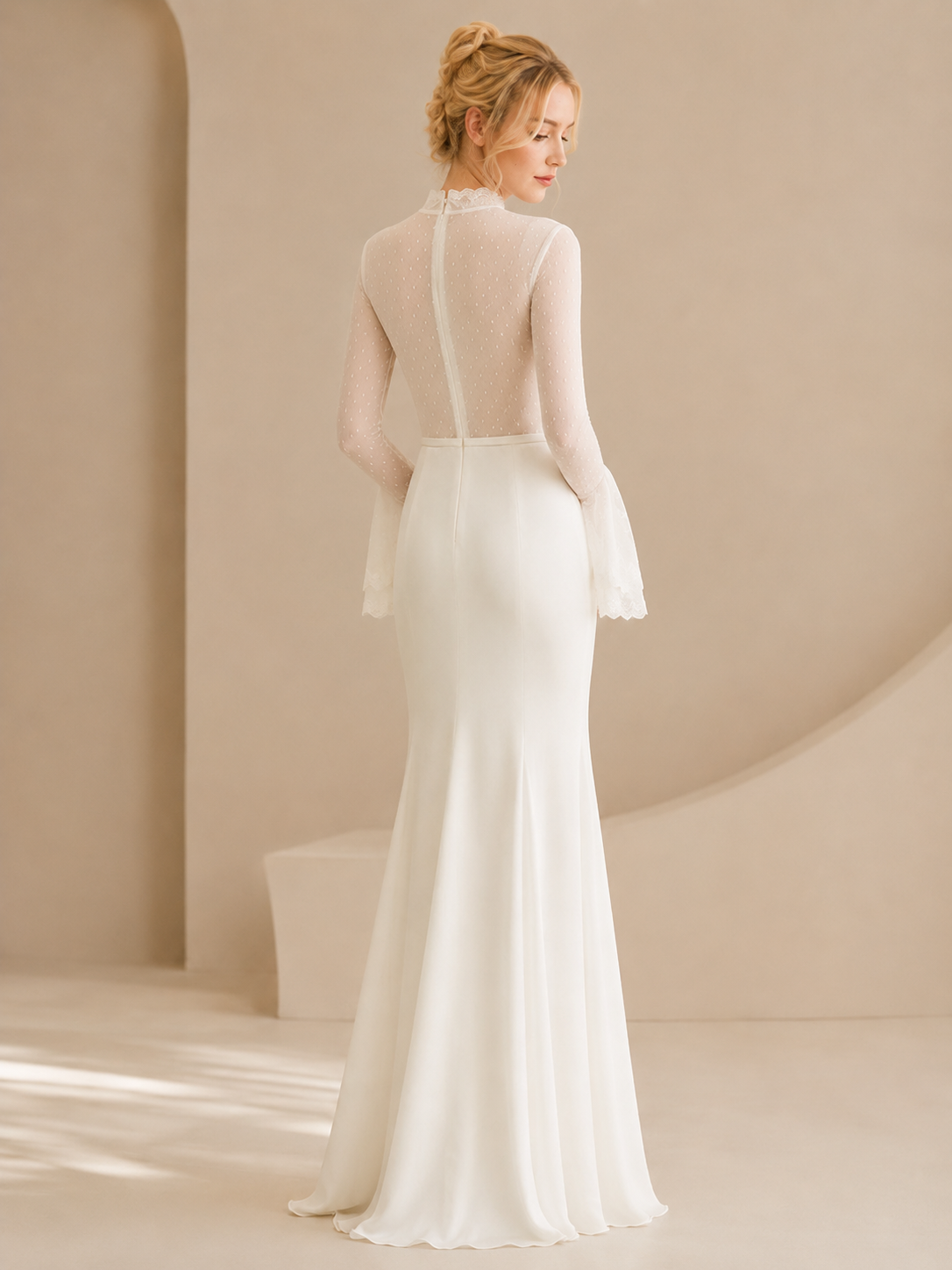 White High-Neck Swiss Dot Long-Sleeve Mermaid Wedding Dress 