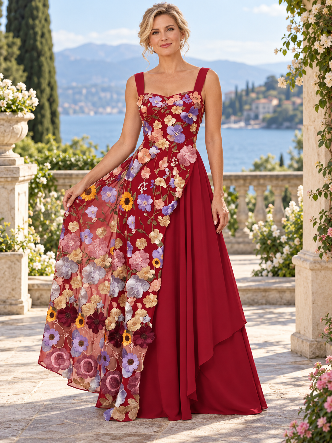 Burgundy Floral Embroidered Square Neckline Asymmetrical Chiffon Maxi Mother of the Bride & Groom Dresses 