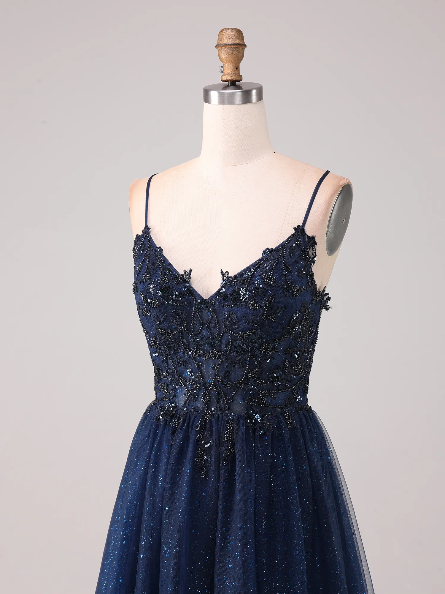 Navy Blue Spaghetti Strap Lace & Bead Glitter Tulle A-Line Prom Dress