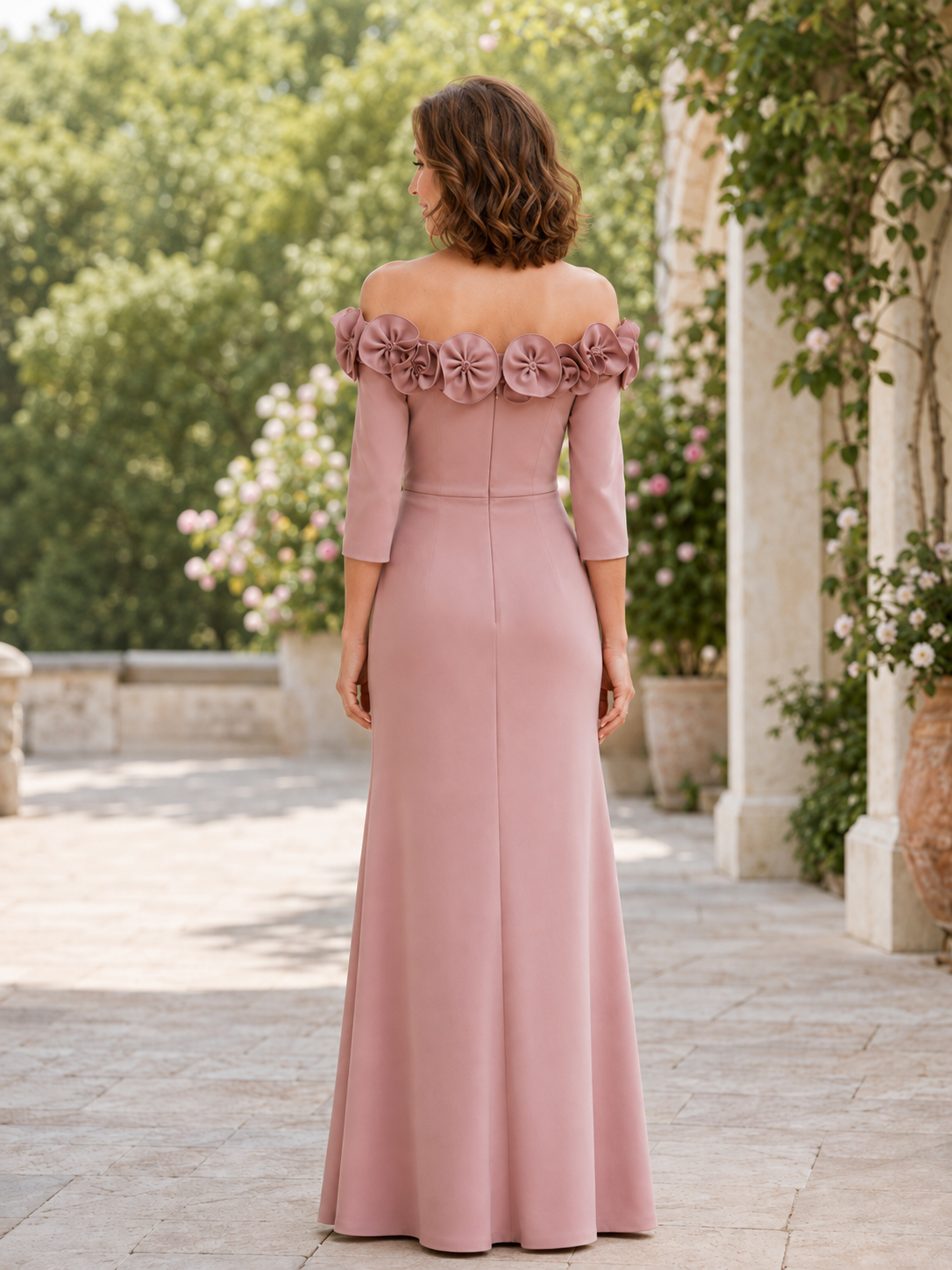 Off-the-Shoulder Floral Ruffle Pink Sheath Maxi Mother of the Bride & Groom Dresses With Slit