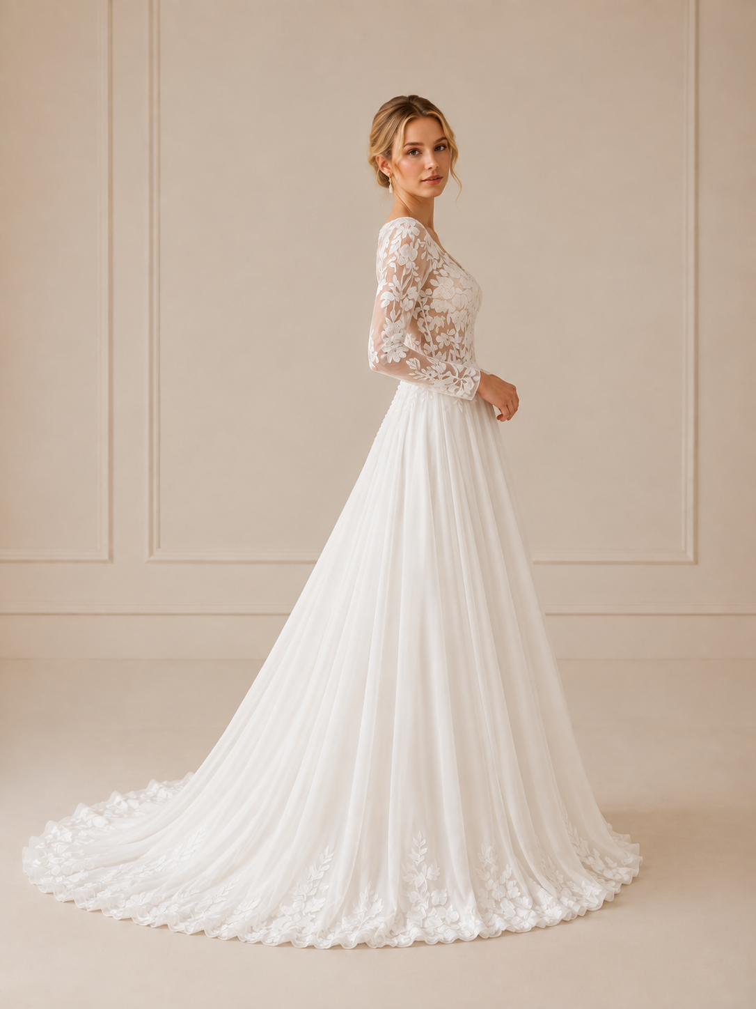 White V-Neck Long-Sleeve Lace Applique A-Line Wedding Dress 
