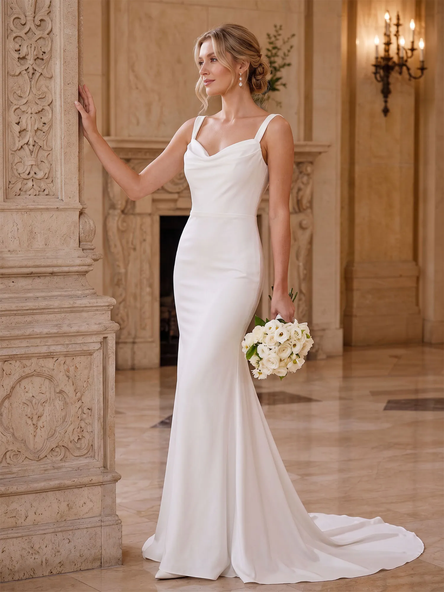 White Satin Cowl Neck Mermaid Wedding Dress