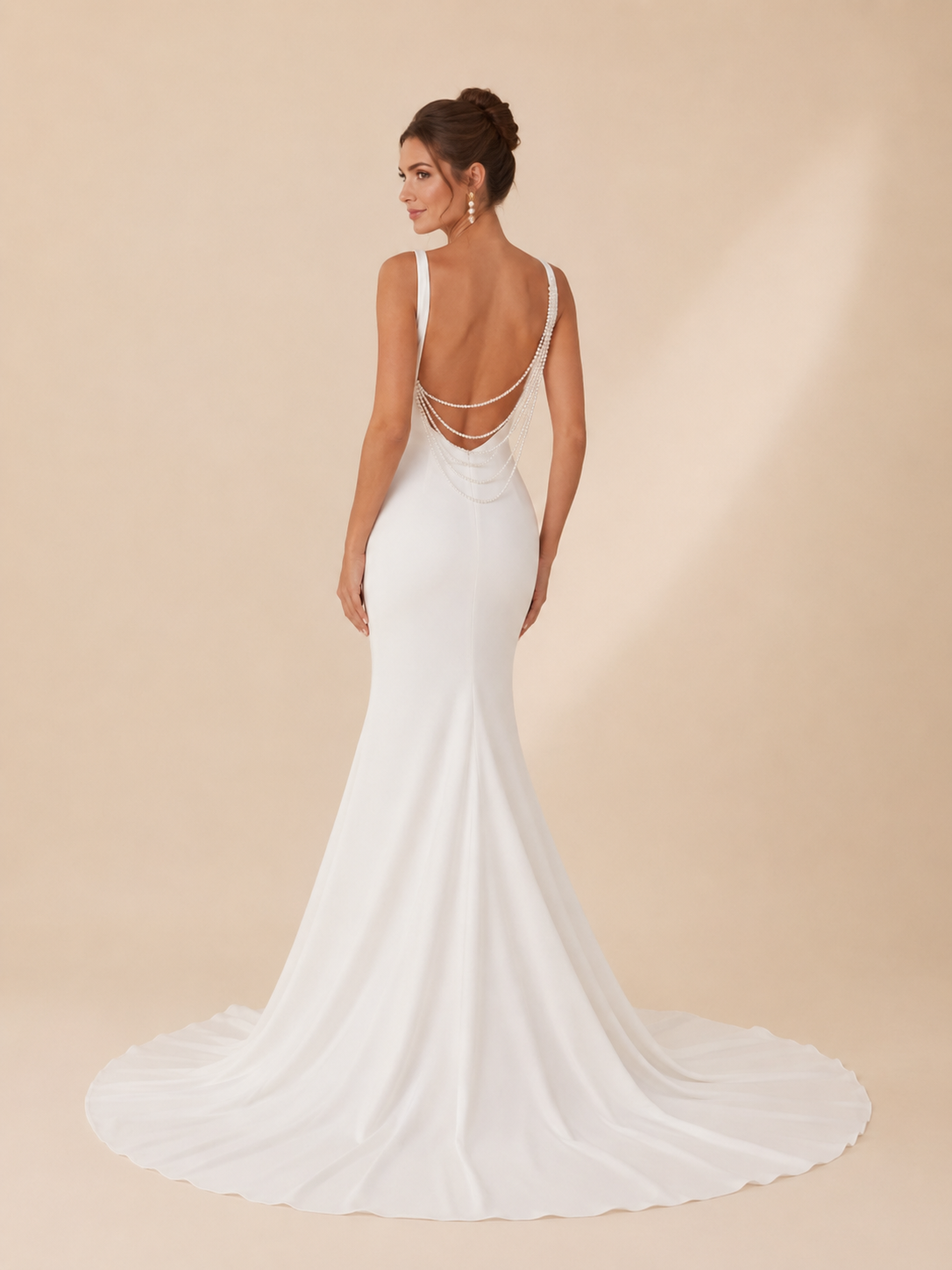 White Boatneck Crepe Sleeveless Mermaid Wedding Dress 