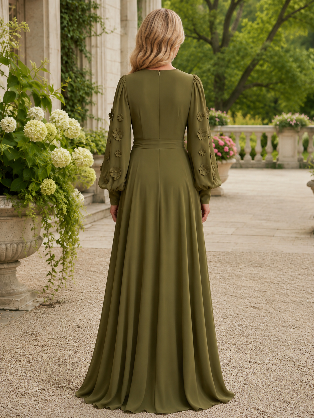 Olive Green V-Neck Long Sleeve 3D Floral A-Line Maxi Mother of the Bride & Groom Dresses 