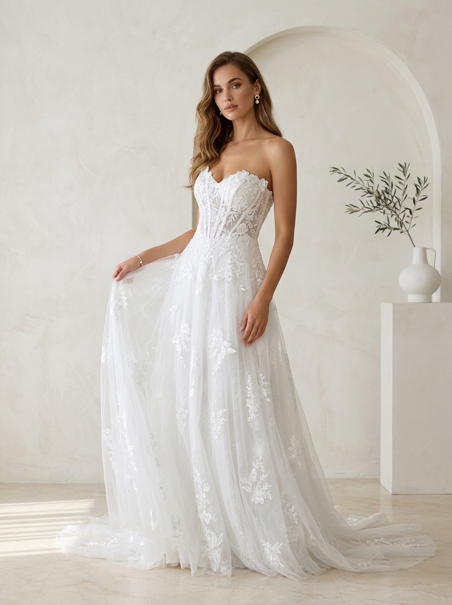 Diamond White A-Line Sweetheart Sequins Tulle Wedding Dress