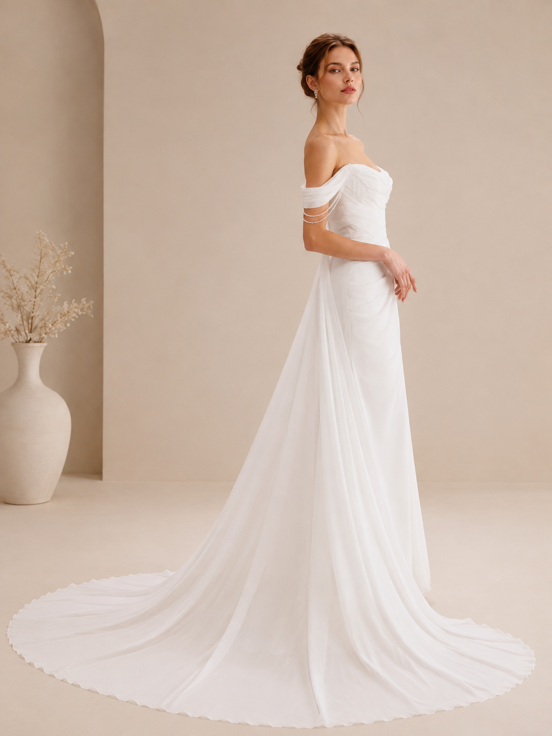 White Off-the-Shoulder Beaded Draped Chiffon Slit Wedding Dress 