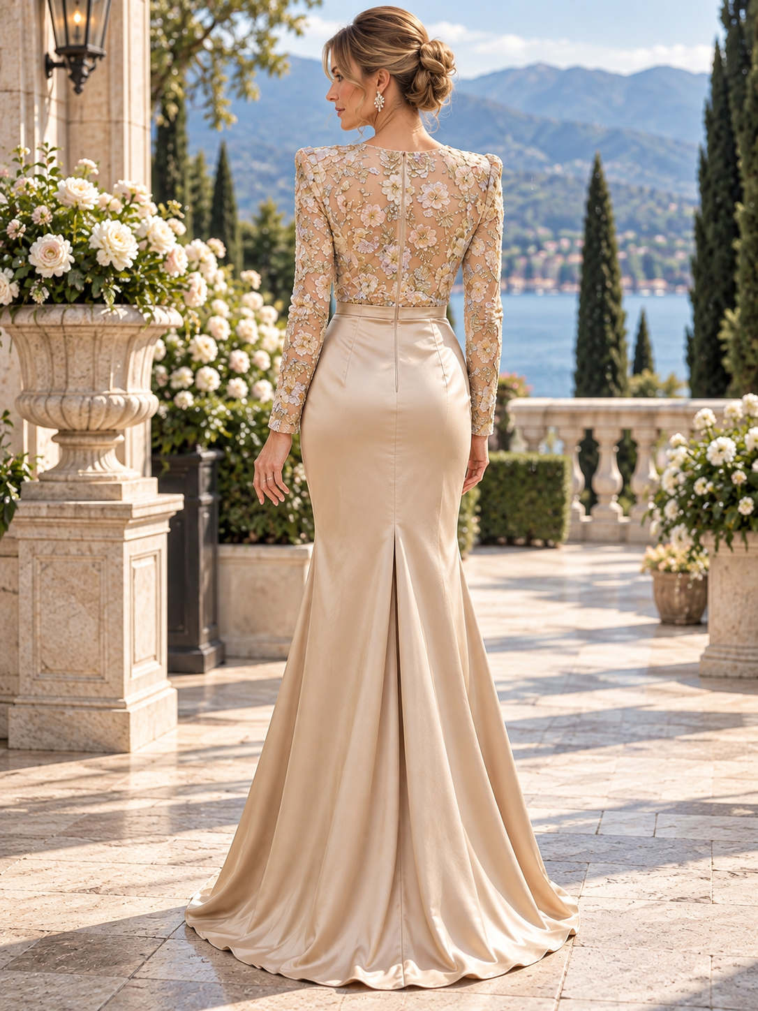 Champagne Sheer Floral Embroidered Long Sleeve Satin Mermaid Mother of the Bride & Groom Dresses 